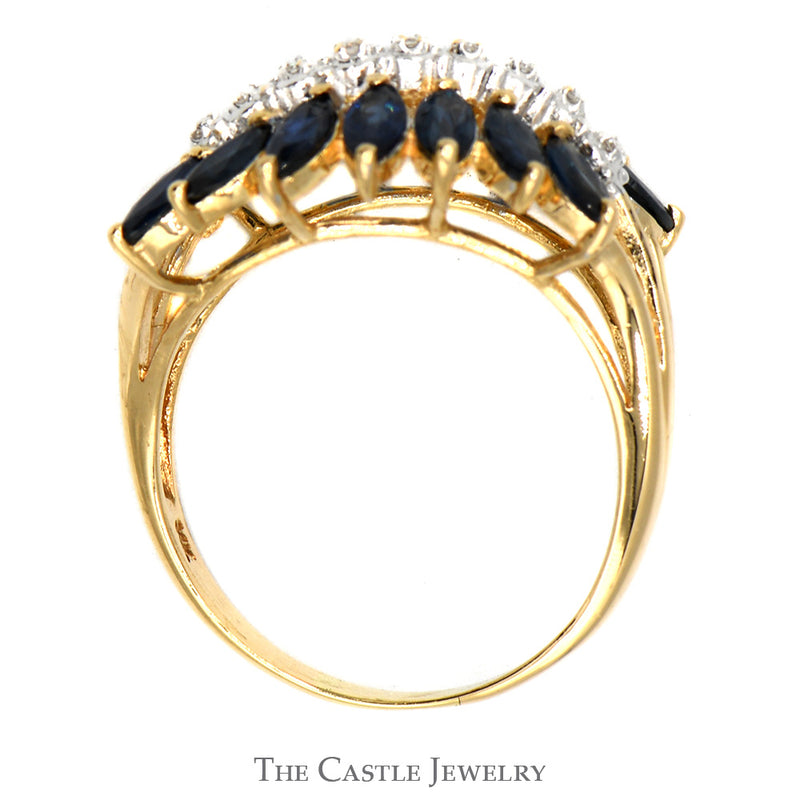 Marquise Shaped Sapphire and Diamond Cluster Band in 14k Yellow Gold