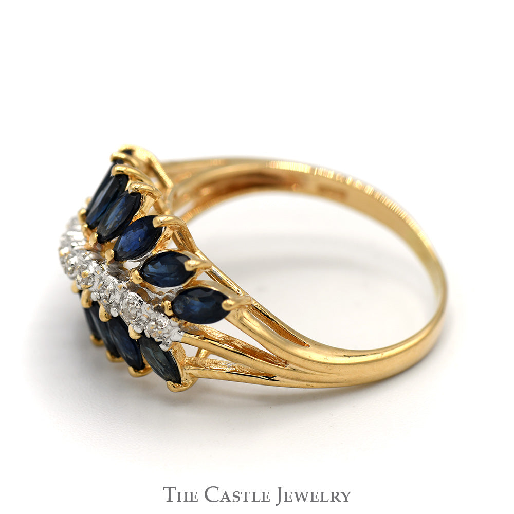 Marquise Shaped Sapphire and Diamond Cluster Band in 14k Yellow Gold
