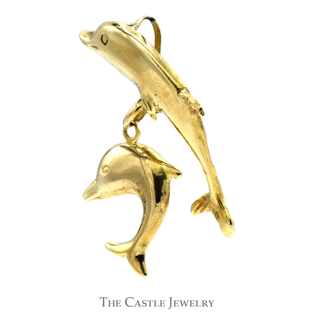 Double Dangling Dolphin Pendant in 14k Yellow Gold