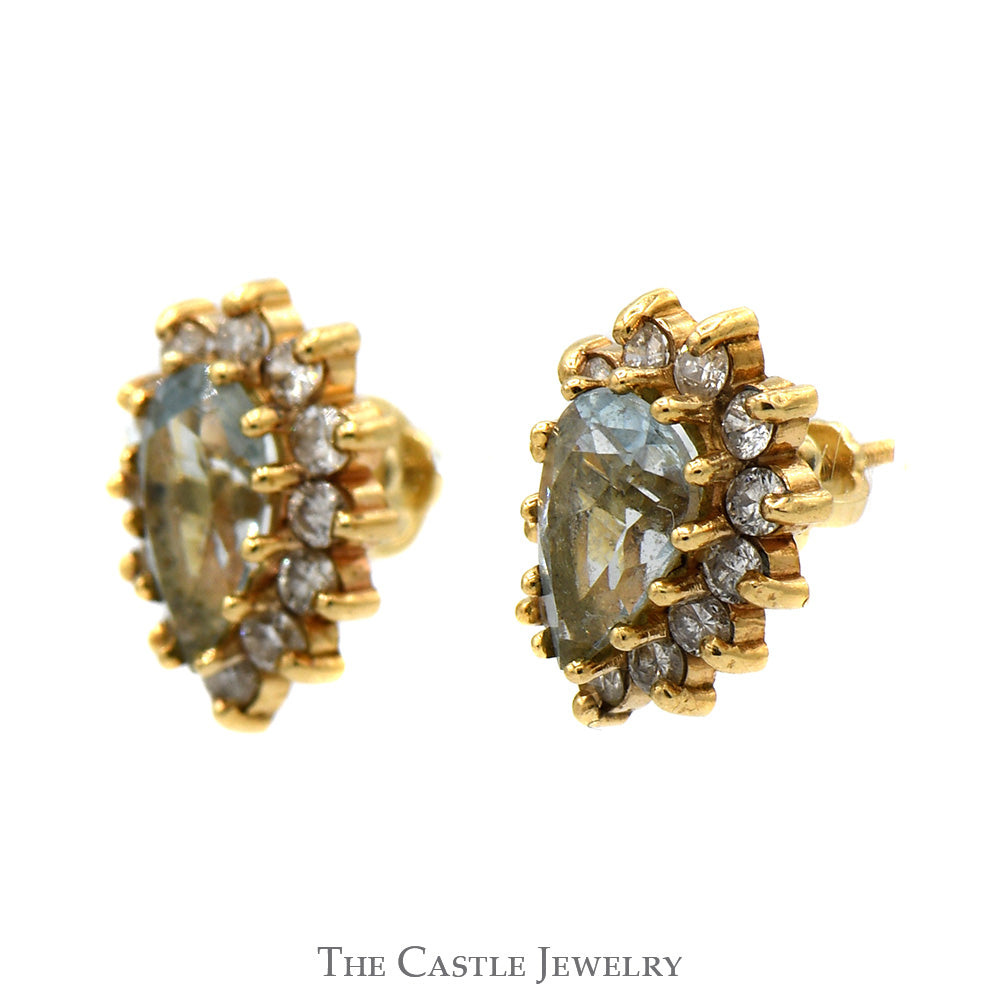Pear Cut Aquamarine Earrings with Diamond Halos in 10k Yellow Gold