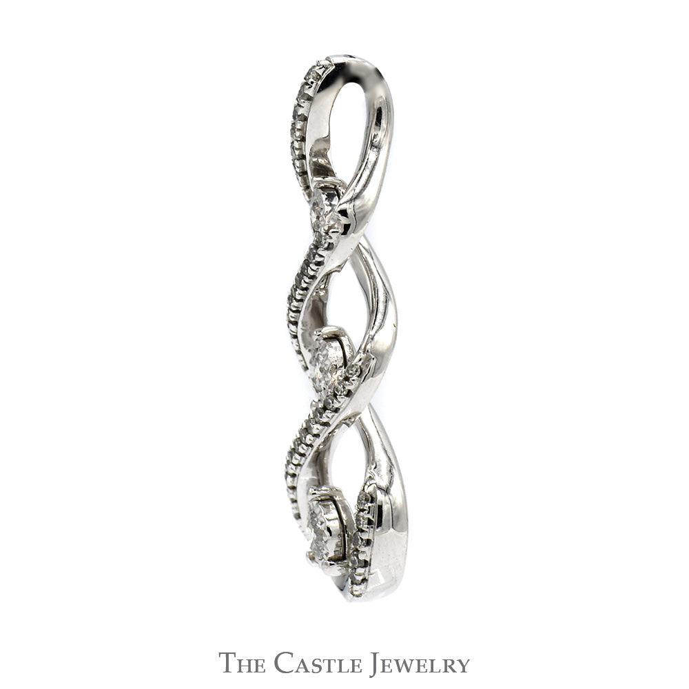 Twisted 3 Stone Diamond Pendant with Diamond Accents in 10k White Gold