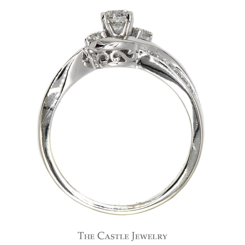 Three Stone Diamond Ring with Diamond Accented Open Bypass Sides in 14k White Gold