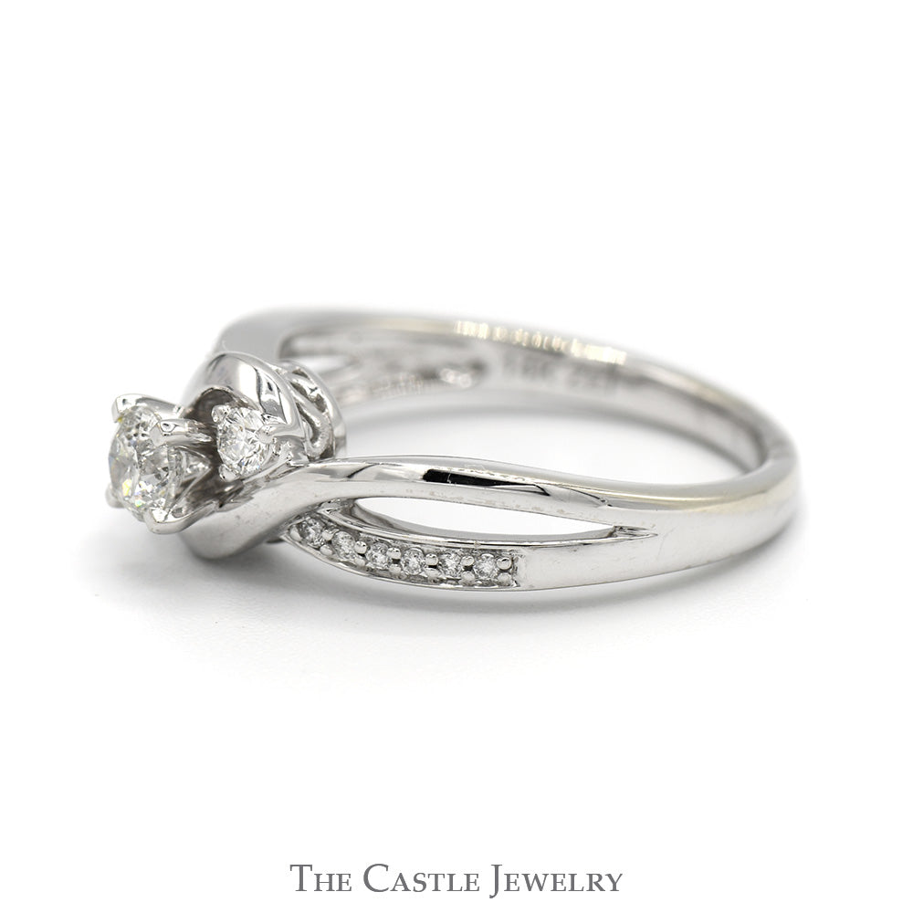 Three Stone Diamond Ring with Diamond Accented Open Bypass Sides in 14k White Gold