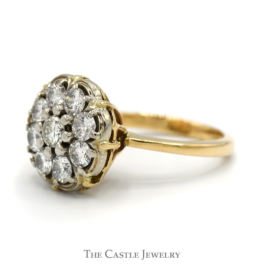 1.8cttw 9 Diamond Cluster Ring in 14k Yellow Gold