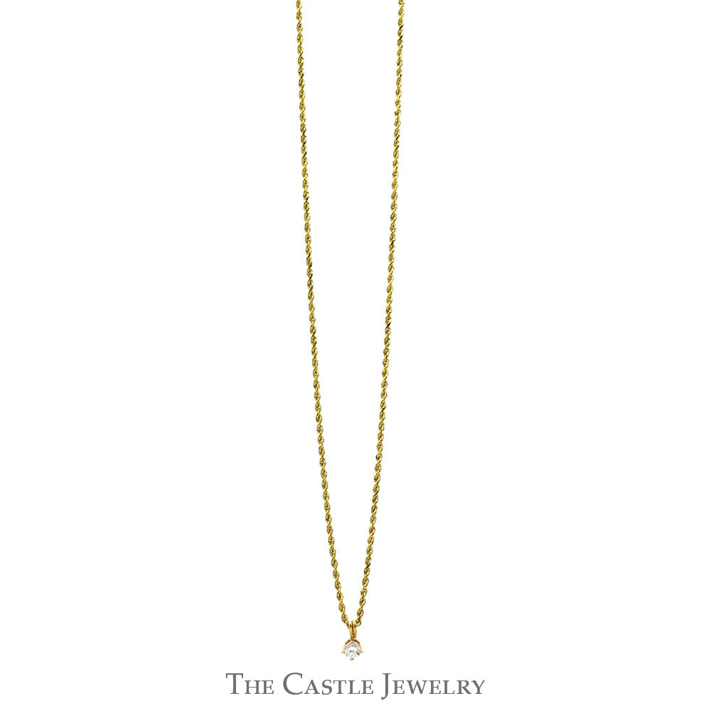 Round Diamond Solitaire Pendant on 20 Inch Rope Chain in 14k Yellow Gold