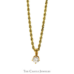Round Diamond Solitaire Pendant on 20 Inch Rope Chain in 14k Yellow Gold