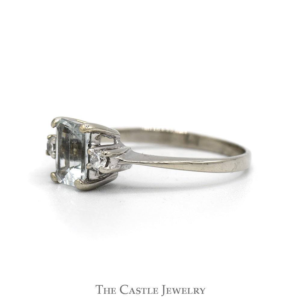 Emerald Cut Aquamarine And Diamond Ring .10 CTTW In 14KT White Gold