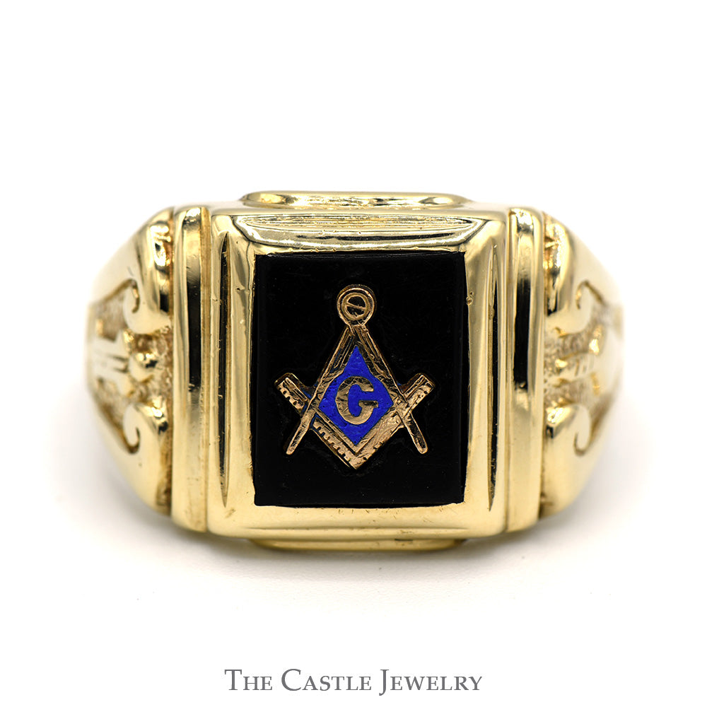 Black Onyx Square & Compass Masonic Ring with Blue Enamel in 10k Yellow Gold Square Shaped Mounting