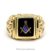Black Onyx Square & Compass Masonic Ring with Blue Enamel in 10k Yellow Gold Square Shaped Mounting - Thumbnail 1