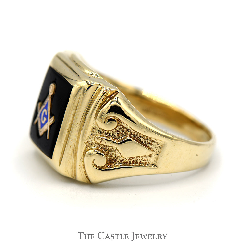 Black Onyx Square & Compass Masonic Ring with Blue Enamel in 10k Yellow Gold Square Shaped Mounting
