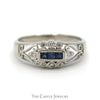 Princess Cut Sapphire Ring in Open Antique Style Band with Diamond Accents in 14k White Gold - Thumbnail 1