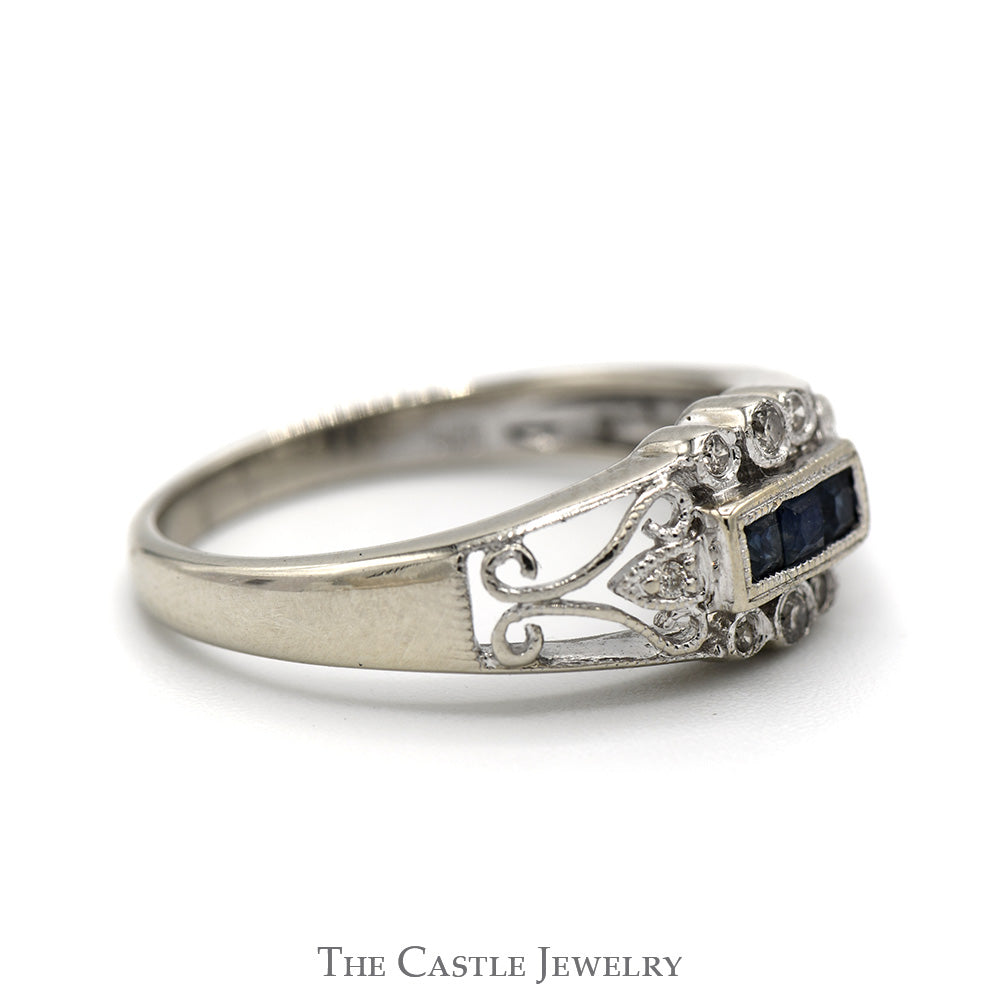 Princess Cut Sapphire Ring in Open Antique Style Band with Diamond Accents in 14k White Gold
