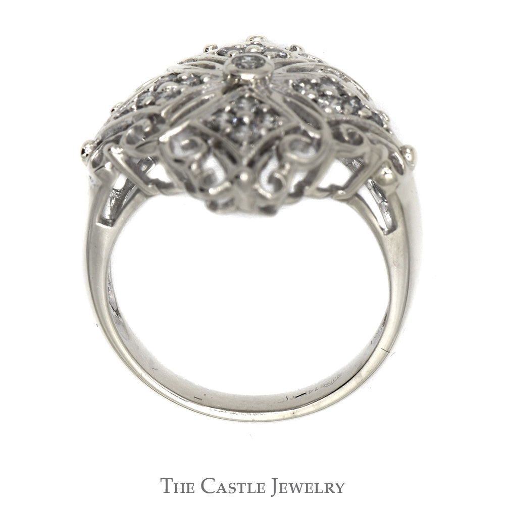 Filigree Style .40cttw Diamond Cluster Shield Ring in 14k White Gold