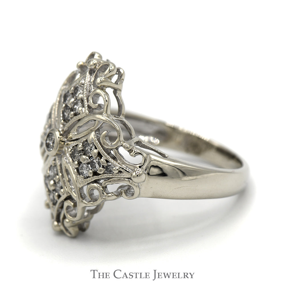 Filigree Style .40cttw Diamond Cluster Shield Ring in 14k White Gold