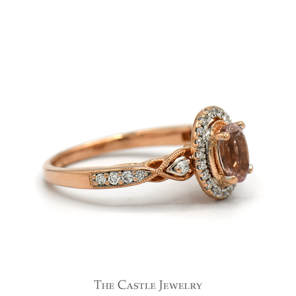 Oval Morganite Ring with Diamond Halo and Accented Sides in 10k Rose Gold