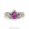 Heart Shaped Synthetic Pink Sapphire Claddagh Ring with Illusion Set Diamond Accent in 14k White Gold - Thumbnail 1