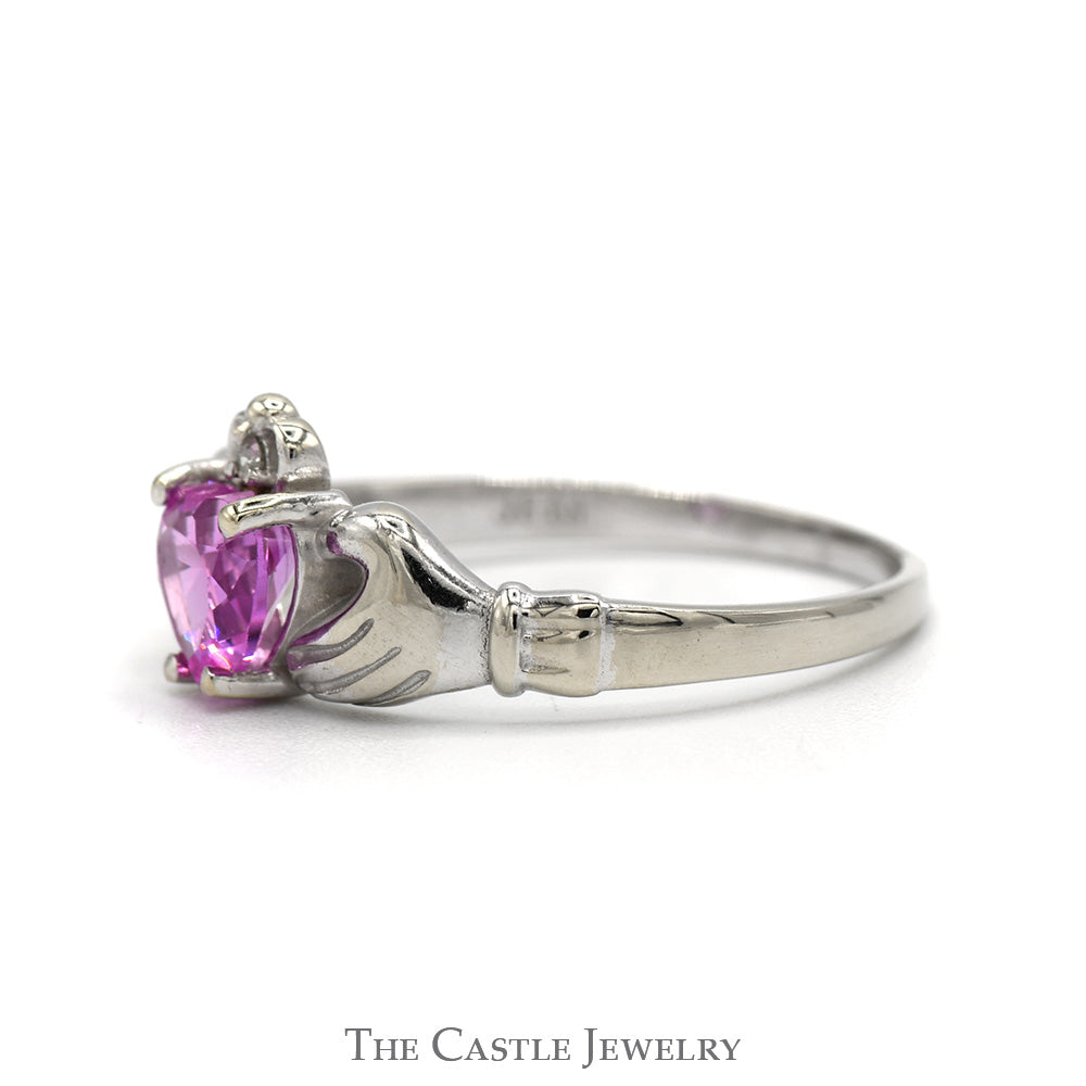 Heart Shaped Synthetic Pink Sapphire Claddagh Ring with Illusion Set Diamond Accent in 14k White Gold
