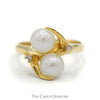 Double Pearl Ring with Diamond Accents in 14k Yellow Gold Vine Designed Mounting - Thumbnail 1