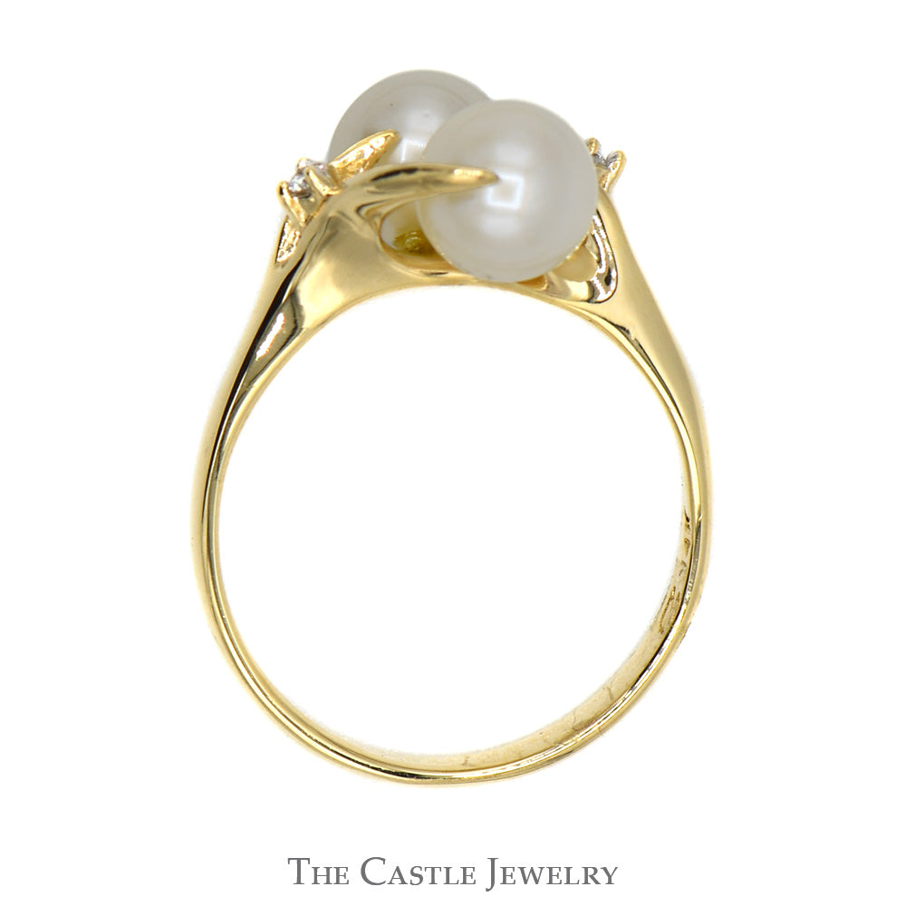 Double Pearl Ring with Diamond Accents in 14k Yellow Gold Vine Designed Mounting