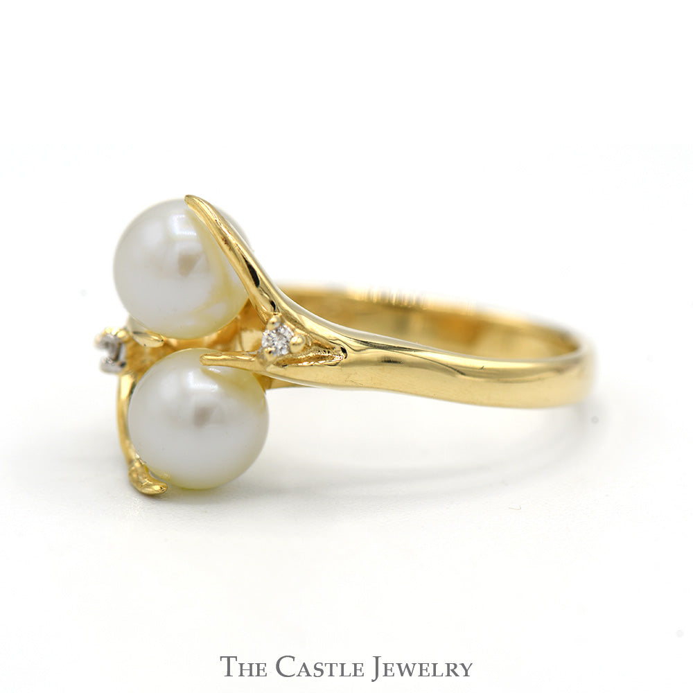 Double Pearl Ring with Diamond Accents in 14k Yellow Gold Vine Designed Mounting
