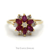 Ruby and Diamond Flower Design Ring with Marquise Cut Rubies and 1/4cttw Round Brilliant Cut Diamonds in 14 KT Yellow Gold - Thumbnail 1