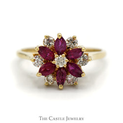 Ruby and Diamond Flower Design Ring with Marquise Cut Rubies and 1/4cttw Round Brilliant Cut Diamonds in 14 KT Yellow Gold