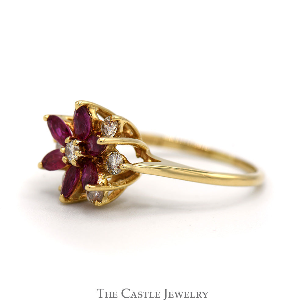 Ruby and Diamond Flower Design Ring with Marquise Cut Rubies and 1/4cttw Round Brilliant Cut Diamonds in 14 KT Yellow Gold