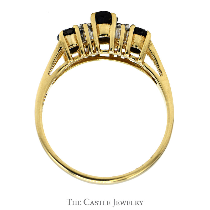 Three Stone Oval Sapphire Ring with Diamond Accents in 10k Yellow Gold Split Shank Setting