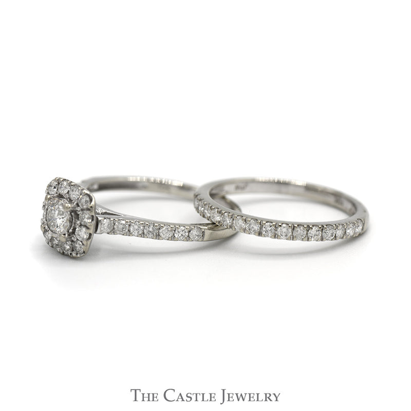 1cttw Round Diamond Bridal Set with Diamond Halo and Matching Diamond Band in 10k White Gold