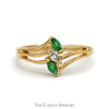 Marquise Cut Emerald & Diamond Vertical Three Stone Ring in 14k Yellow Gold Triple Split Shank Setting - Thumbnail 1