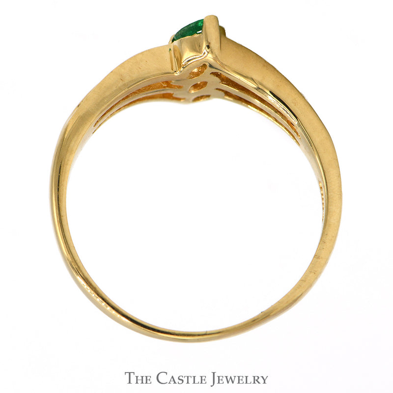 Marquise Cut Emerald & Diamond Vertical Three Stone Ring in 14k Yellow Gold Triple Split Shank Setting