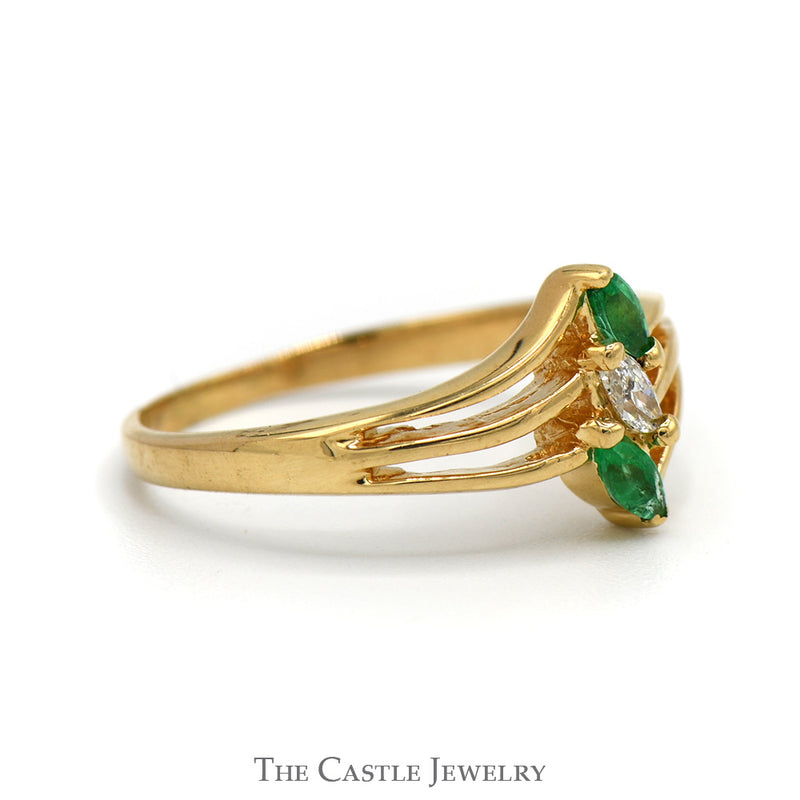 Marquise Cut Emerald & Diamond Vertical Three Stone Ring in 14k Yellow Gold Triple Split Shank Setting