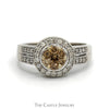 Round Cocoa Diamond Cluster Ring with Diamond Halo and Accented Sides in 14k White Gold