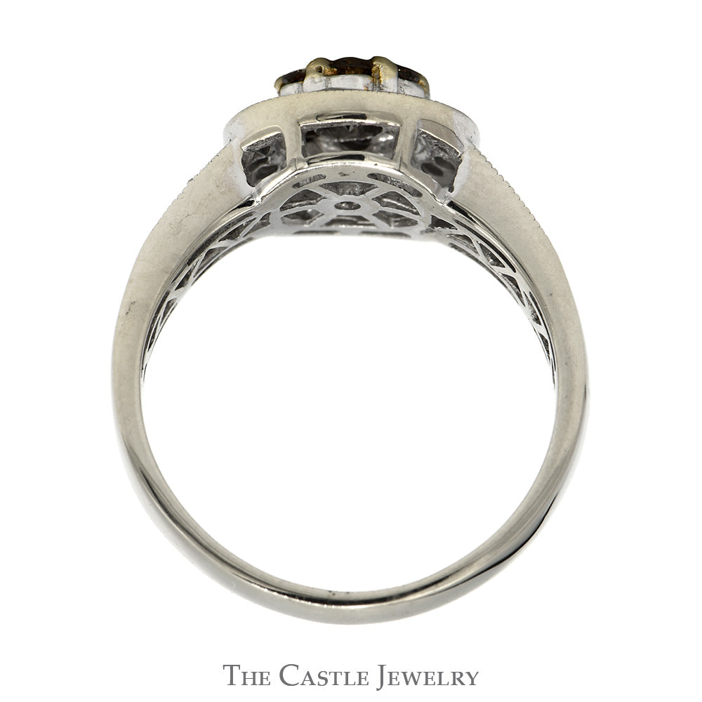 Round Cocoa Diamond Cluster Ring with Diamond Halo and Accented Sides in 14k White Gold