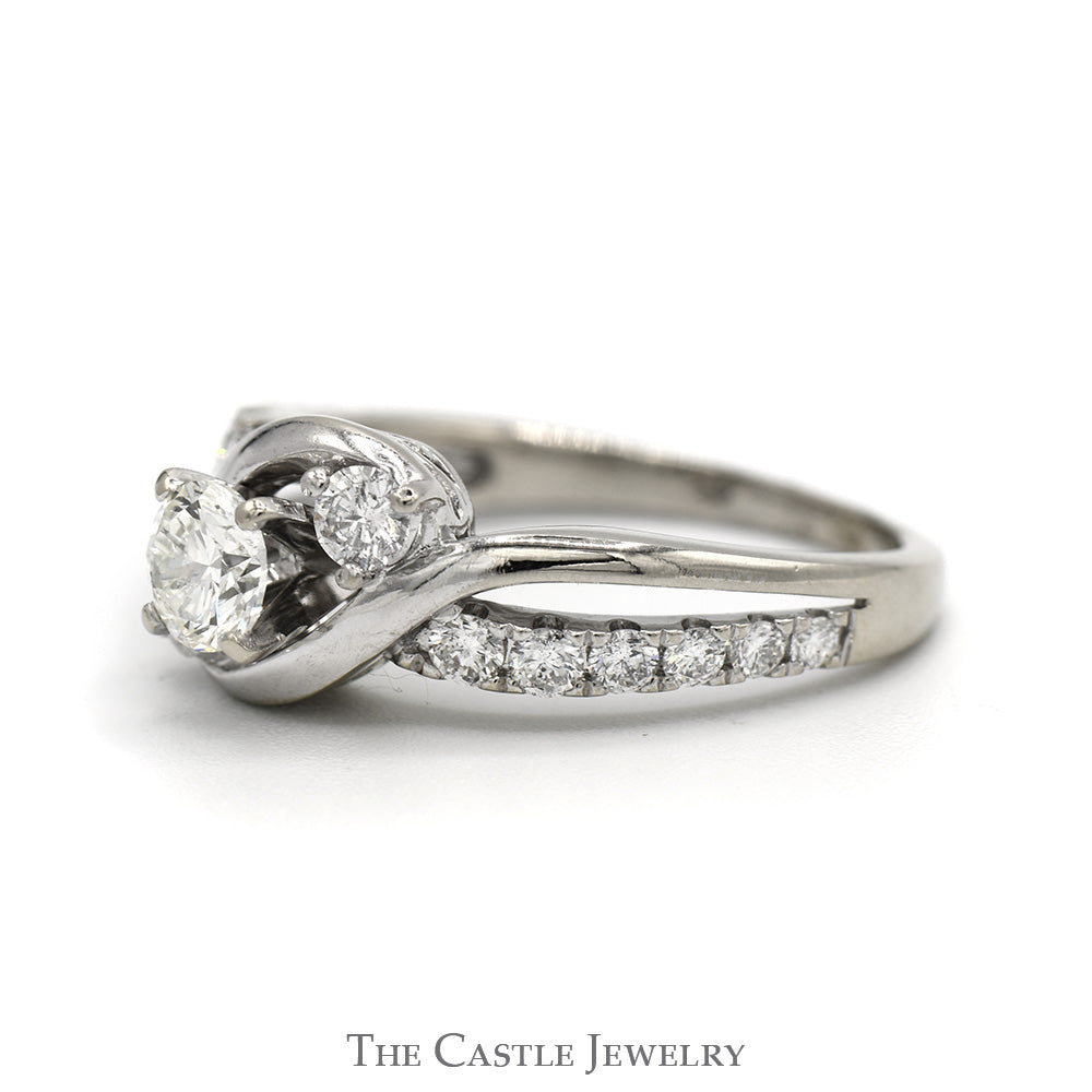 1cttw Diagonal Three Stone Diamond Engagement Ring with Open Diamond Accented Bypass Sides in 14k White Gold