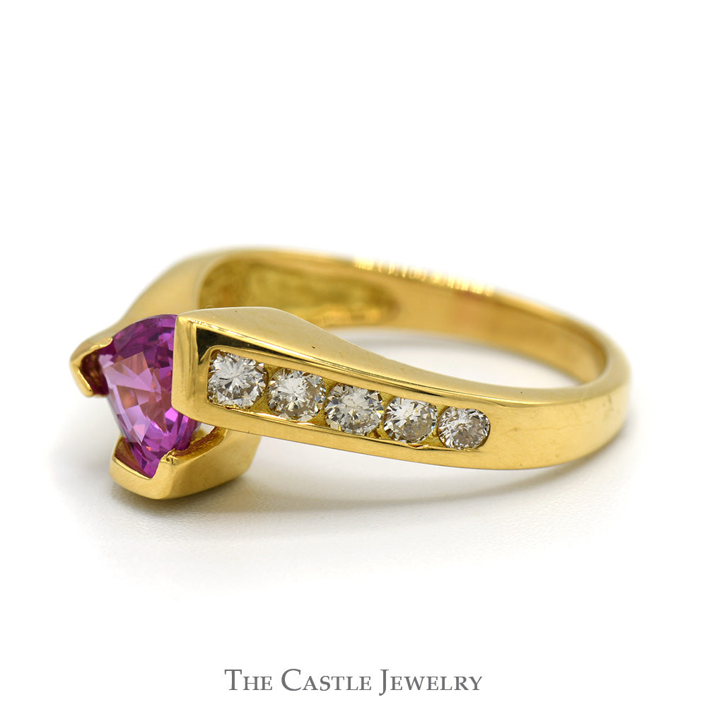 Le Vian Trillion Cut Pink Sapphire Ring with Channel Set Diamond Accents in 18k Yellow Gold Bypass Mounting