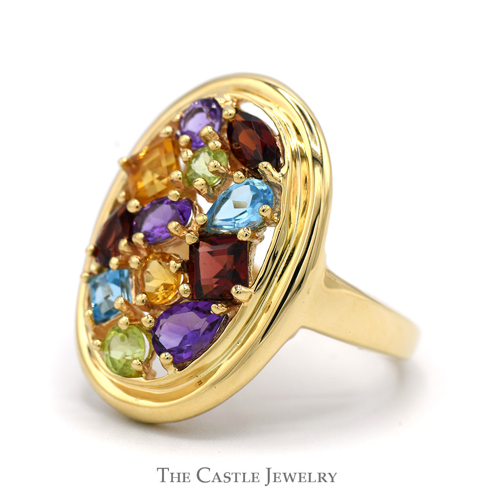 Oval Shaped Multi-Gemstone Cluster Ring in 10k Yellow Gold