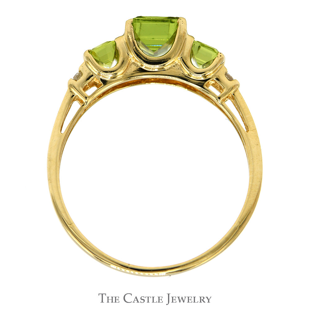 Three Stone Emerald Cut Peridot Ring with Diamond Accents in 10k Yellow Gold