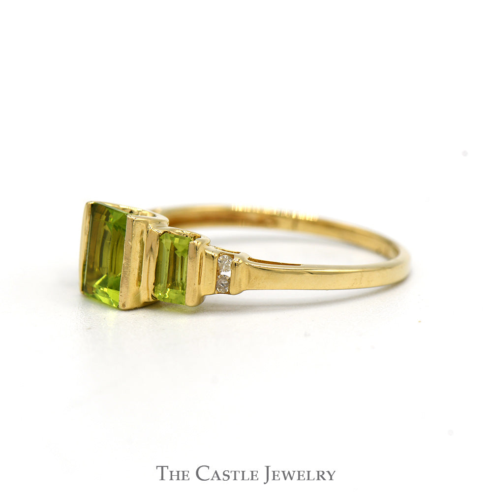 Three Stone Emerald Cut Peridot Ring with Diamond Accents in 10k Yellow Gold