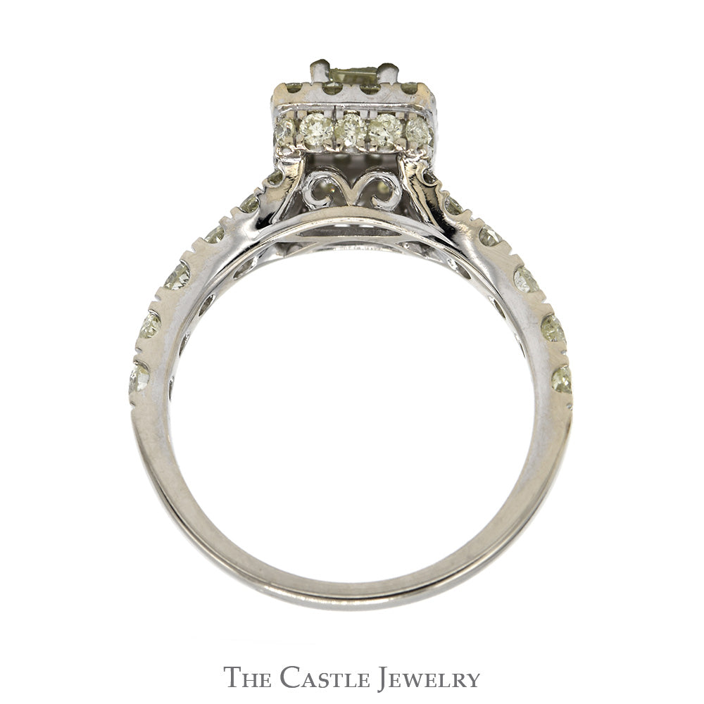 1.5cttw Emerald Cut Diamond Engagement Ring with Diamond Halo and Accented Sides in 14k White Gold