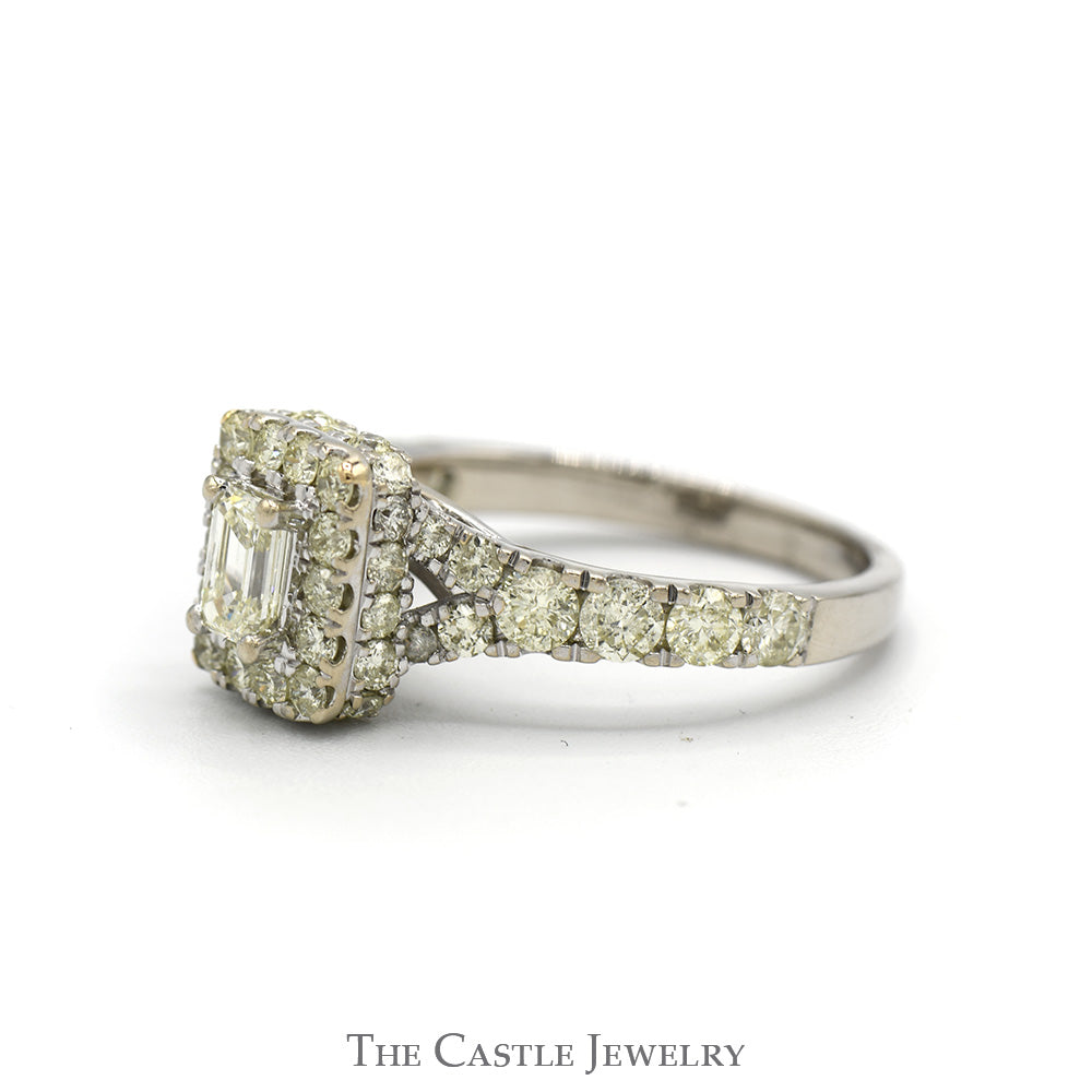 1.5cttw Emerald Cut Diamond Engagement Ring with Diamond Halo and Accented Sides in 14k White Gold