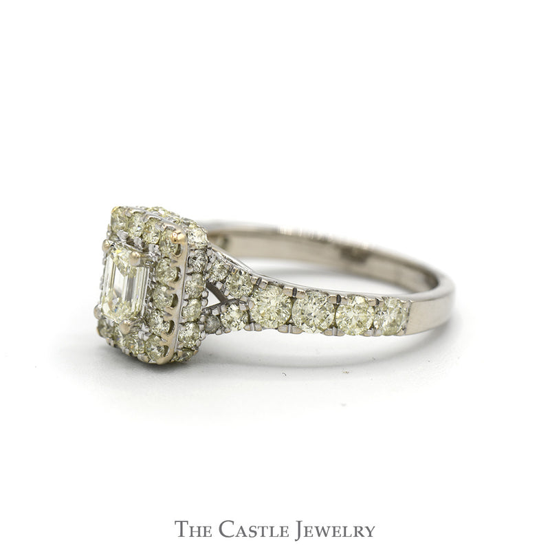 1.5cttw Emerald Cut Diamond Engagement Ring with Diamond Halo and Accented Sides in 14k White Gold