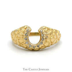 Diamond Accented Horseshoe Ring with Nugget Textured Sides in 10k Yellow Gold