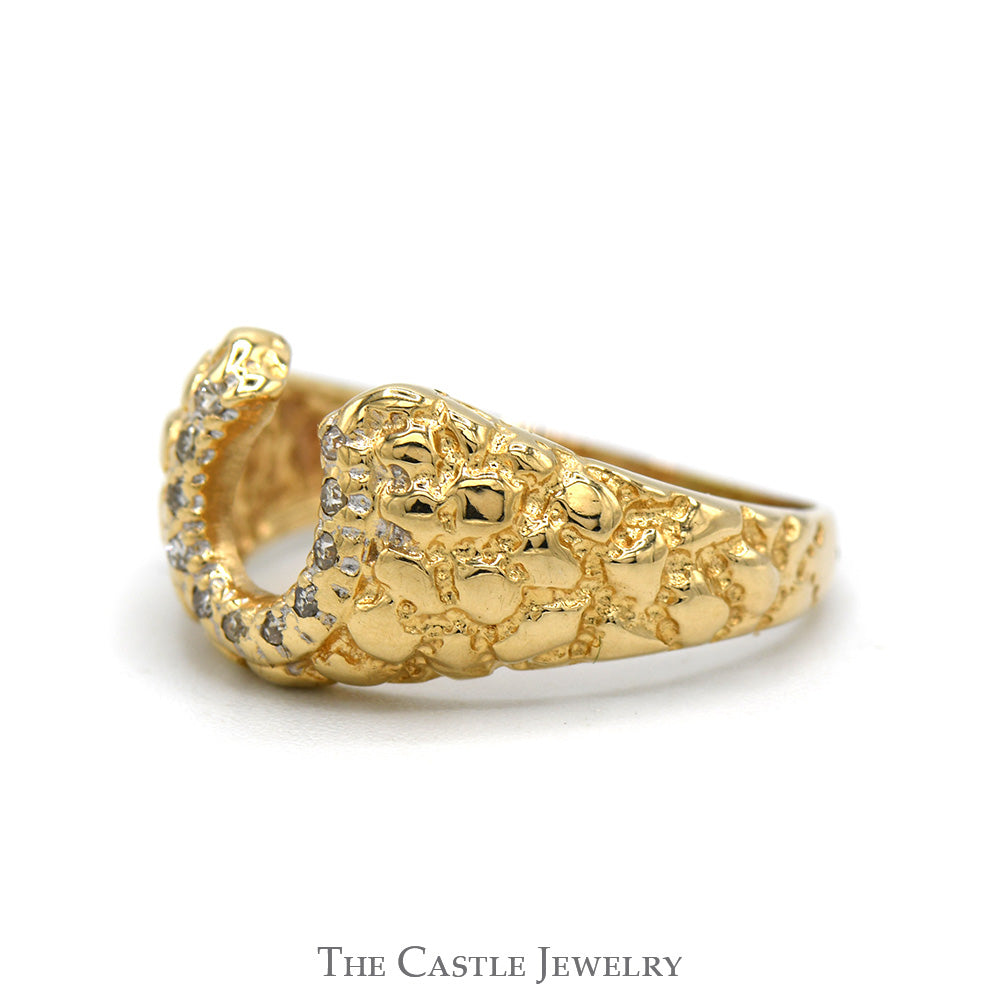 Diamond Accented Horseshoe Ring with Nugget Textured Sides in 10k Yellow Gold