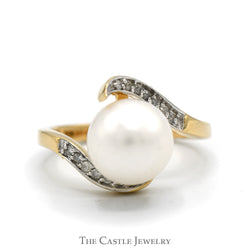 White Round Pearl Ring with Diamond Accented Bypass Setting in 14k Yellow Gold