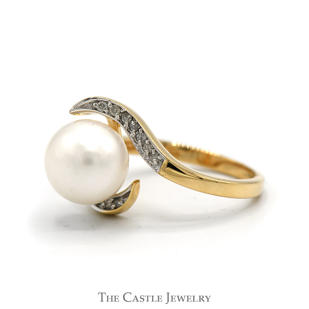 White Round Pearl Ring with Diamond Accented Bypass Setting in 14k Yellow Gold