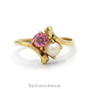 White Pearl and Pink Ice Ring in 10k Yellow Gold Bypass Mounting - Thumbnail 1