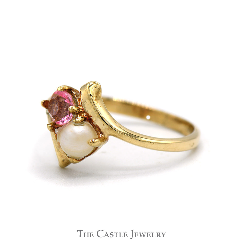 White Pearl and Pink Ice Ring in 10k Yellow Gold Bypass Mounting