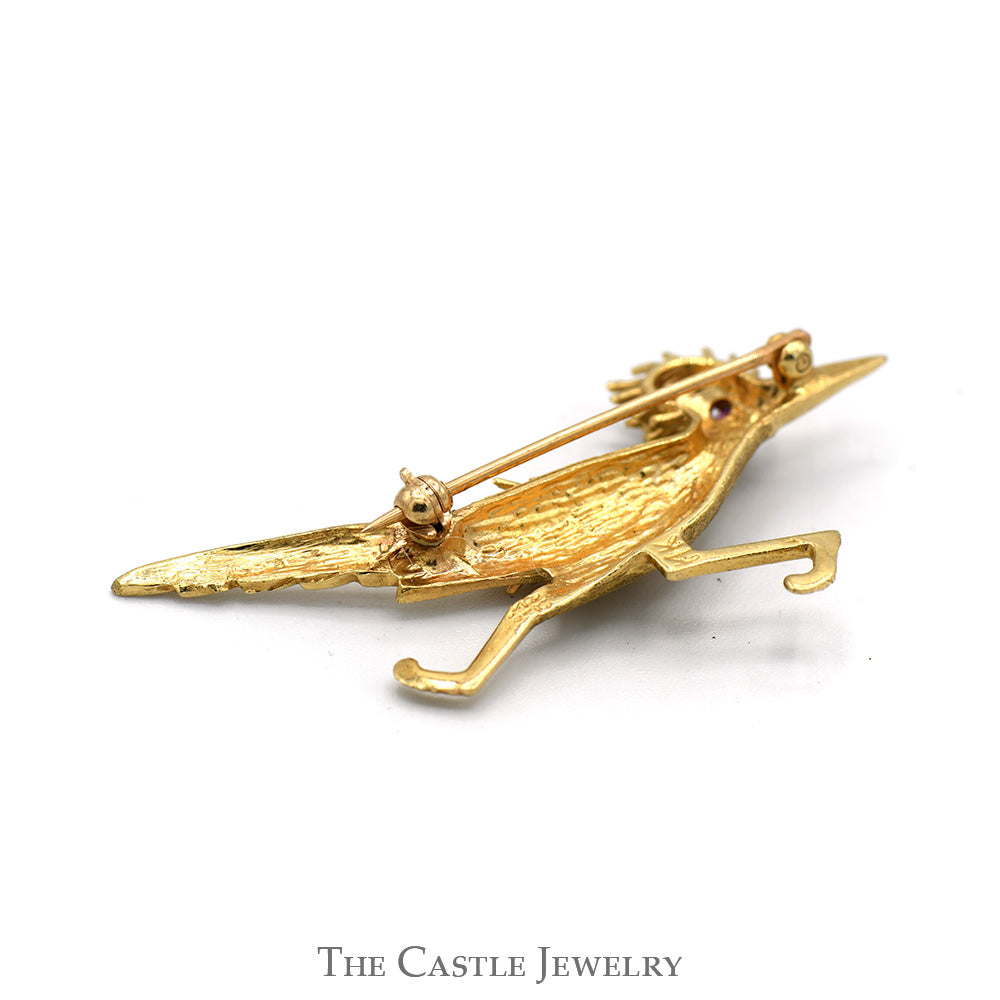 Road Runner Bird Pin with Ruby Accented Eye in 14k Yellow Gold