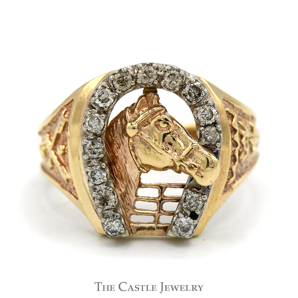 Diamond Horseshoe Ring Featuring Horse Head & Fence Design in 10k Yellow Gold